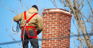 Chimney sweep on roof looking at chimney