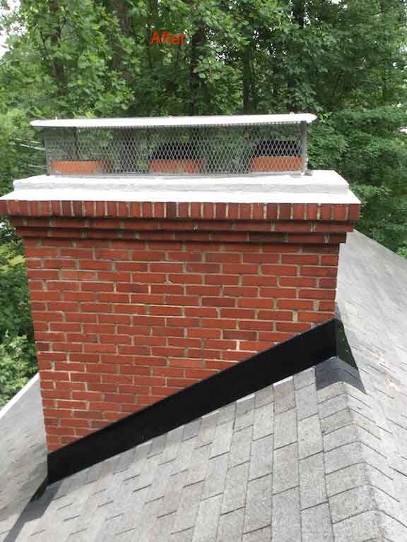 Red brick chimney with newly installed stainless steel, triple flue chimney cap with screen and chimney crown saver treatment