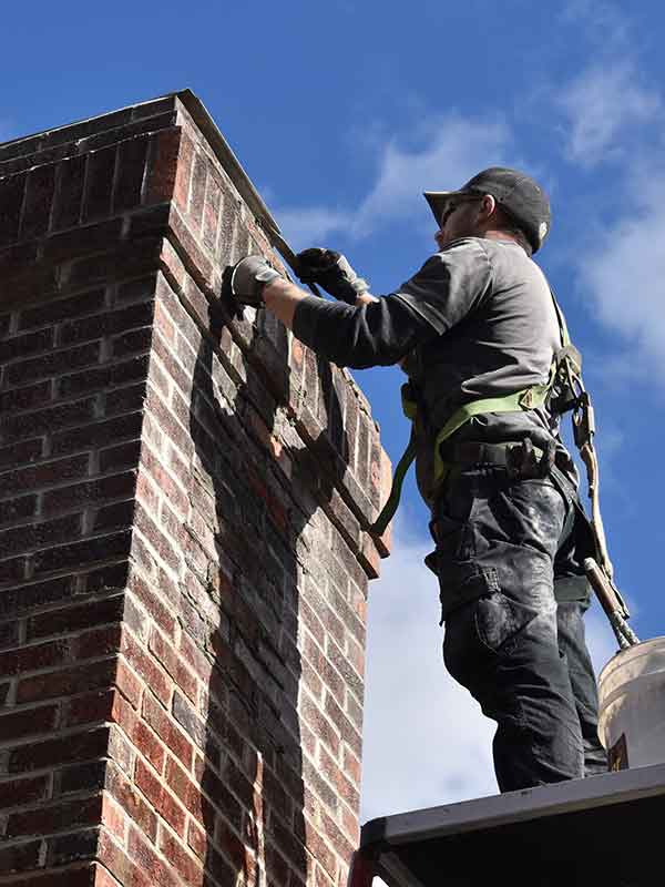 Chimney technician restoring chimney crown masonry