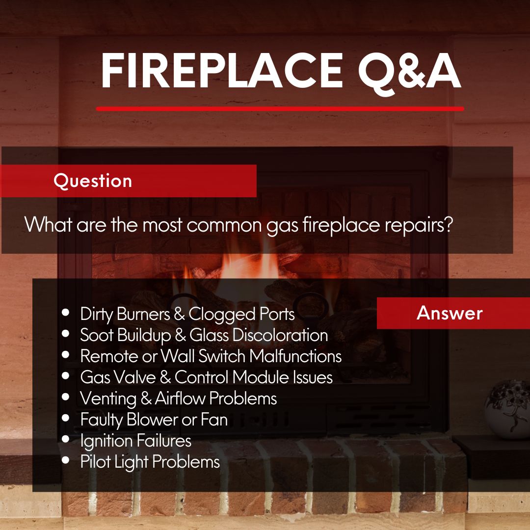 original infographic presents a "Fireplace Q&A" centered around the question of the most common gas fireplace repairs. The question is prominently displayed in white text on a red banner against a blurred background of a lit fireplace. Below this, an answer section, also marked with a red banner, lists eight common issues encountered with gas fireplaces using white bullet points. These include dirty burners and clogged ports, soot buildup and glass discoloration, malfunctions in remote or wall switches, problems with the gas valve and control module, venting and airflow issues, a faulty blower or fan, ignition failures, and pilot light problems. The overall design is clean and informative, highlighting the question and providing a concise list of typical gas fireplace repairs. original infographic presents a "Fireplace Q&A" centered around the question of the most common gas fireplace repairs. The question is prominently displayed in white text on a red banner against a blurred background of a lit fireplace. Below this, an answer section, also marked with a red banner, lists eight common issues encountered with gas fireplaces using white bullet points. These include dirty burners and clogged ports, soot buildup and glass discoloration, malfunctions in remote or wall switches, problems with the gas valve and control module, venting and airflow issues, a faulty blower or fan, ignition failures, and pilot light problems. The overall design is clean and informative, highlighting the question and providing a concise list of typical gas fireplace repairs.