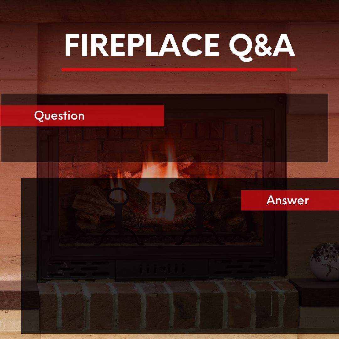 Mr. Smokestack Hyper Local original graphic titled "FIREPLACE Q&A" asks, "What's included in a gas fireplace service?" Below the question, the answer is provided as a bulleted list: "check for gas leaks and corrosion," "clean and inspect the ceramic logs for proper placement and cracks," "confirm the unit is up to code and properly installed," "clean the burner, doors, pilot assembly, and thermocouple," "vacuum around the logs, firebox, and control compartment," "check and test the pilot light and ignition system," "check and test the gas valve and pressure settings," "check for soot buildup or discoloration," and "confirm the venting system is clear and functioning." The text is superimposed over an image of a lit gas fireplace.