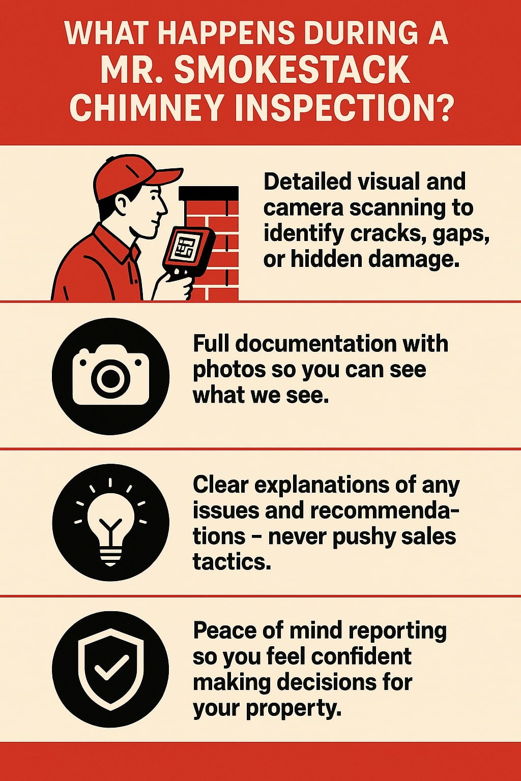 original infographic has a bold red header with white text that reads “What Happens During a Mr. Smokestack Chimney Inspection?” followed by four sections on a cream background, each with a black icon and explanatory text. The first section shows a technician in a red cap and shirt holding a device up to a chimney illustration, with text about detailed visual and camera scanning to identify cracks, gaps, or hidden damage. The second section features a black camera icon with text about providing full documentation with photos. The third section shows a black lightbulb icon with text about giving clear explanations and recommendations without pushy sales tactics. The fourth section has a black shield with a checkmark icon and text about peace of mind reporting to help homeowners feel confident in their property decisions. The design uses red, black, cream, and white for a clean, professional look.<br />
